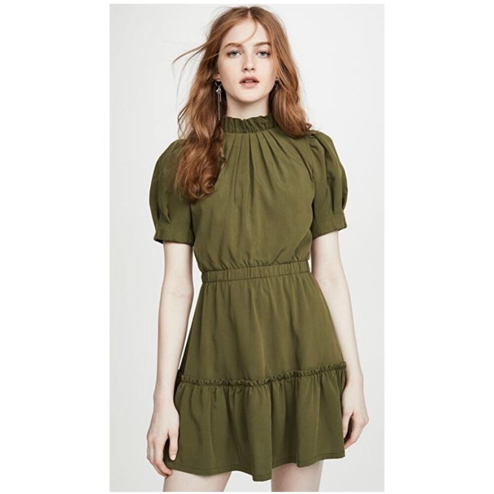 Alice + Olivia Vida Olive Green Puff Sleeve Mock Neck Mini Dress Sz 0 Romantic - Picture 2 of 9